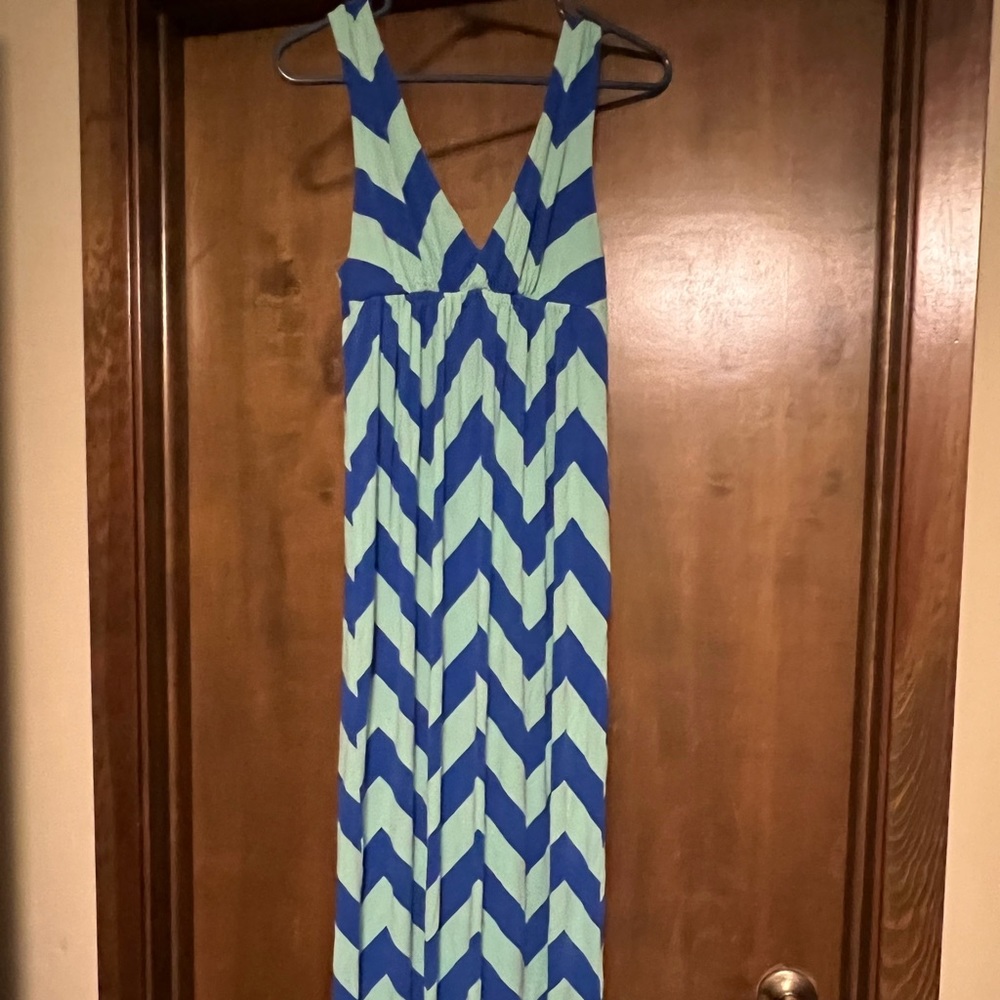 J Crew maxi dress, V neck, blue striped size M